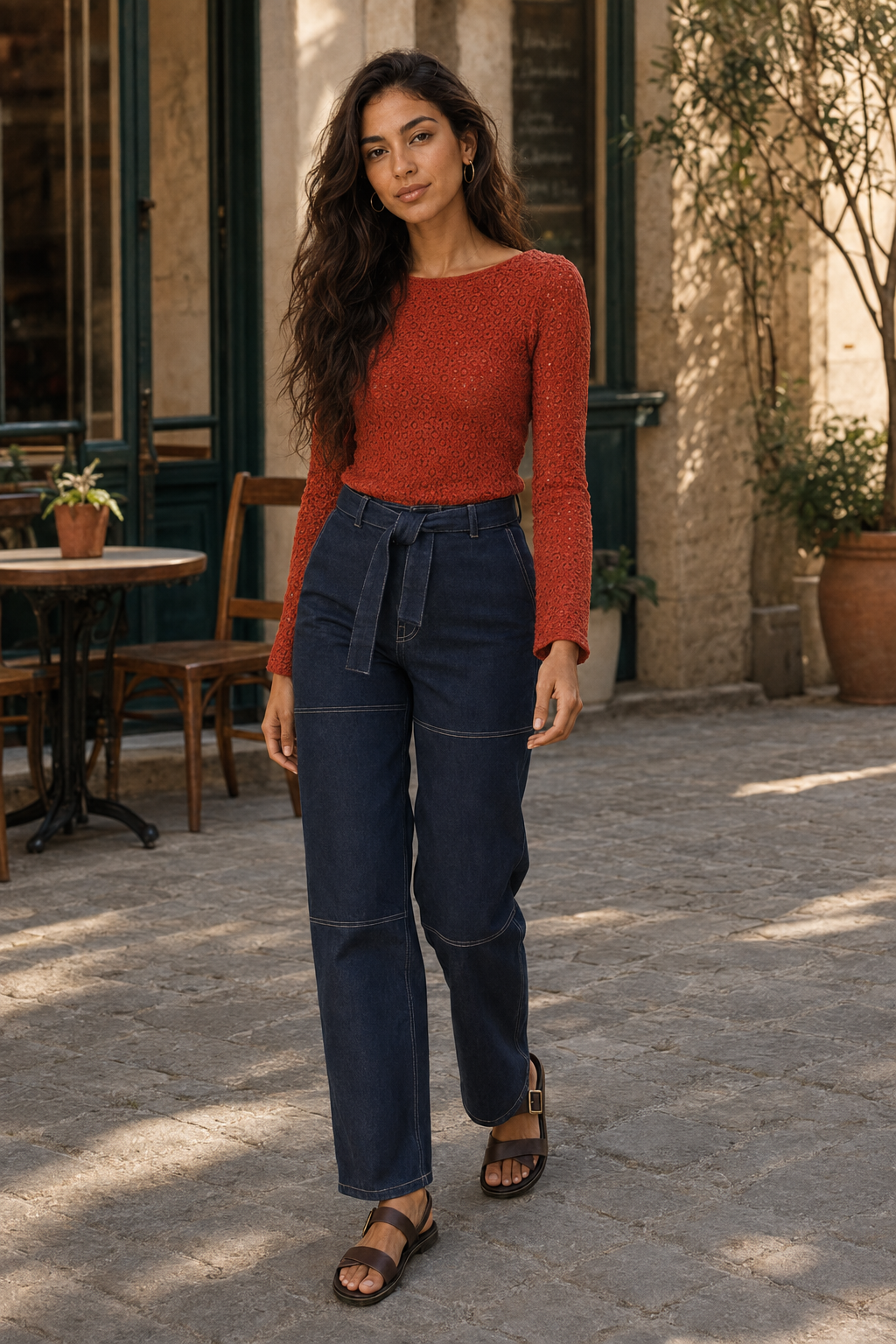 Full-body photograph of Lana wearing the Sézane Aélie terracotta lace blouse, Lounisa raw-indigo jeans and Low Freya warm brown sandals