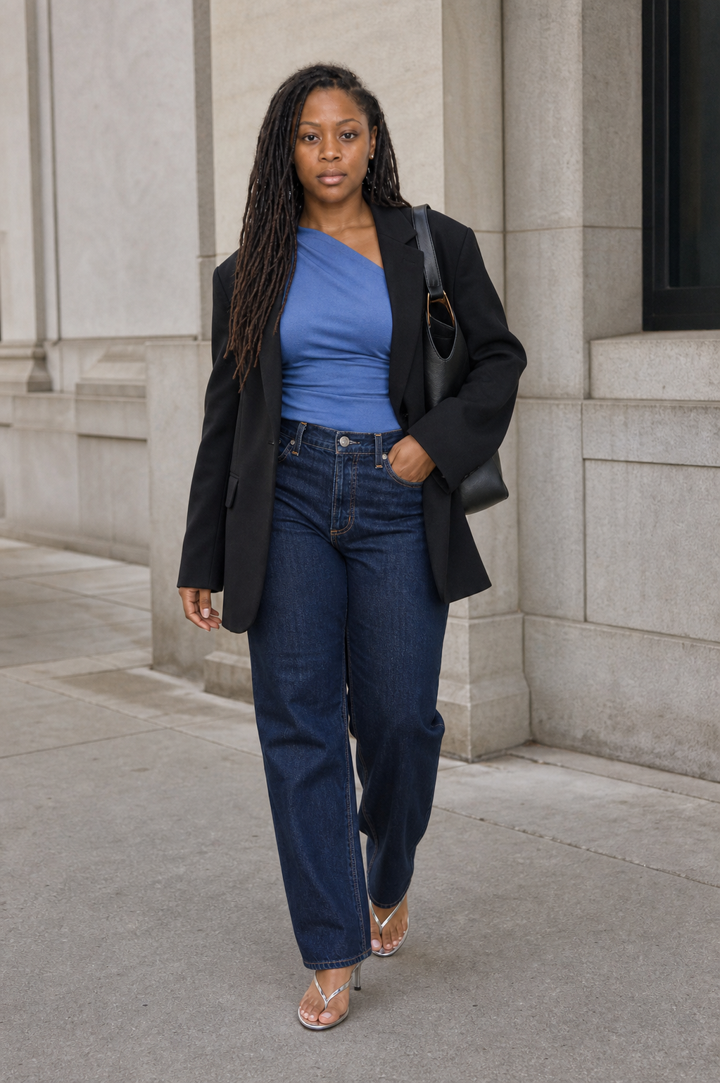 Noelle wearing a draped and ruched Neptune-blue Reformation Iris top, oversized black Aritzia blazer, floor-grazing dark-indigo Citizens of Humanity jeans, a black Coach Brooklyn hobo and silver Retrofête thong slingback heels