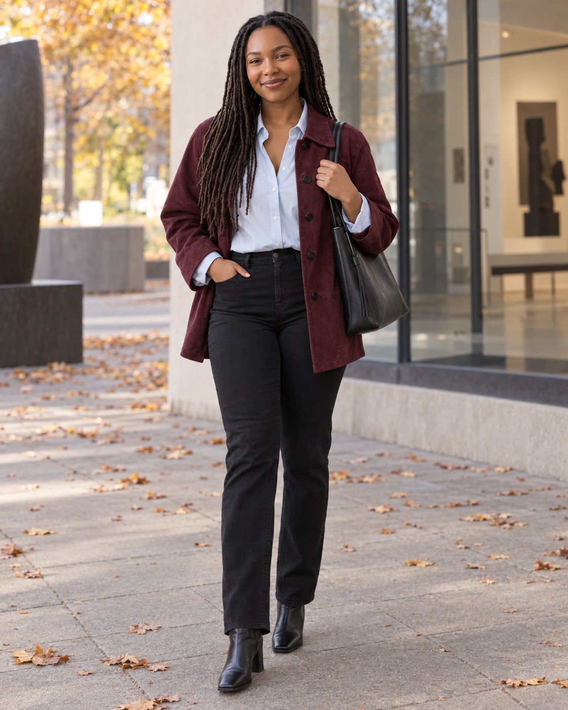 Noelle — Wine suede and cool blue make black denim feel considered.