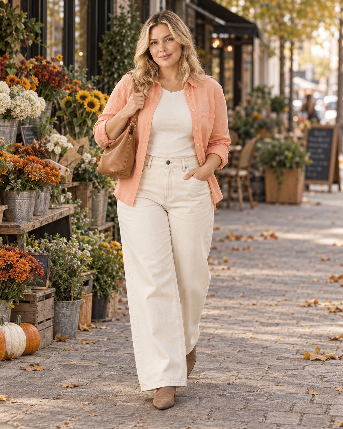 Curvier Emma in a warm peach linen shirt open over a cream tee, cream wide-leg jeans, flat tan suede ankle boots and a small golden tan bag