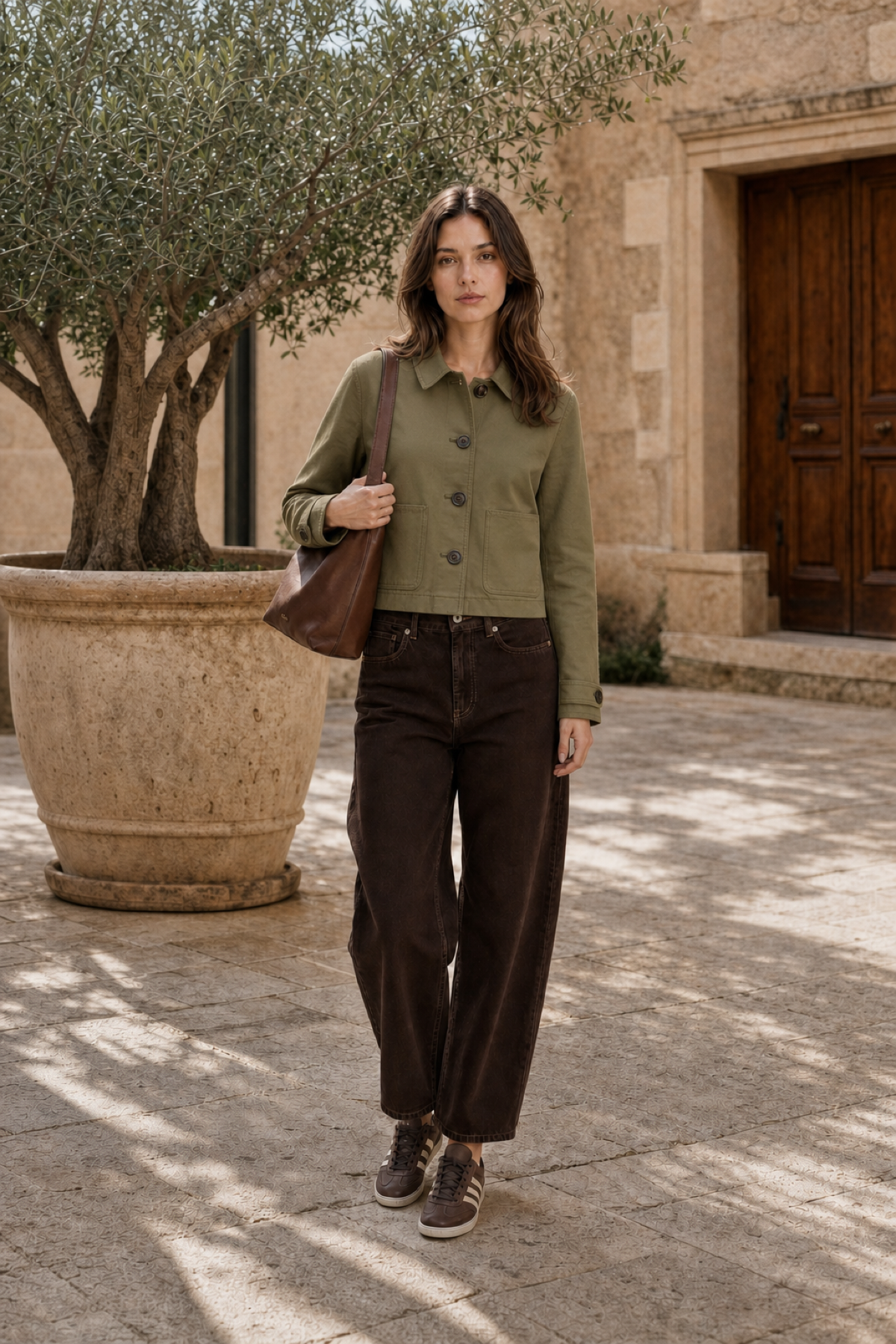 Sophia wearing the J.Crew Cropped Barn Jacket in Desert Olive, Bitter Chocolate Everlane barrel jeans, a maple Coach Brooklyn hobo and Earth Strata adidas Samba sneakers