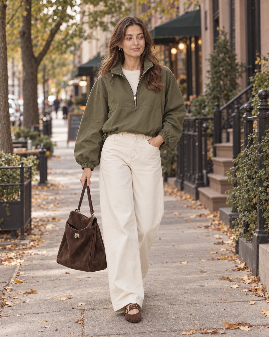 Sophia wearing an olive AGOLDE Coulson quarter-zip jacket with cream wide-leg jeans, dark brown suede Balenciaga Rodeo and buckled flats on a fall street