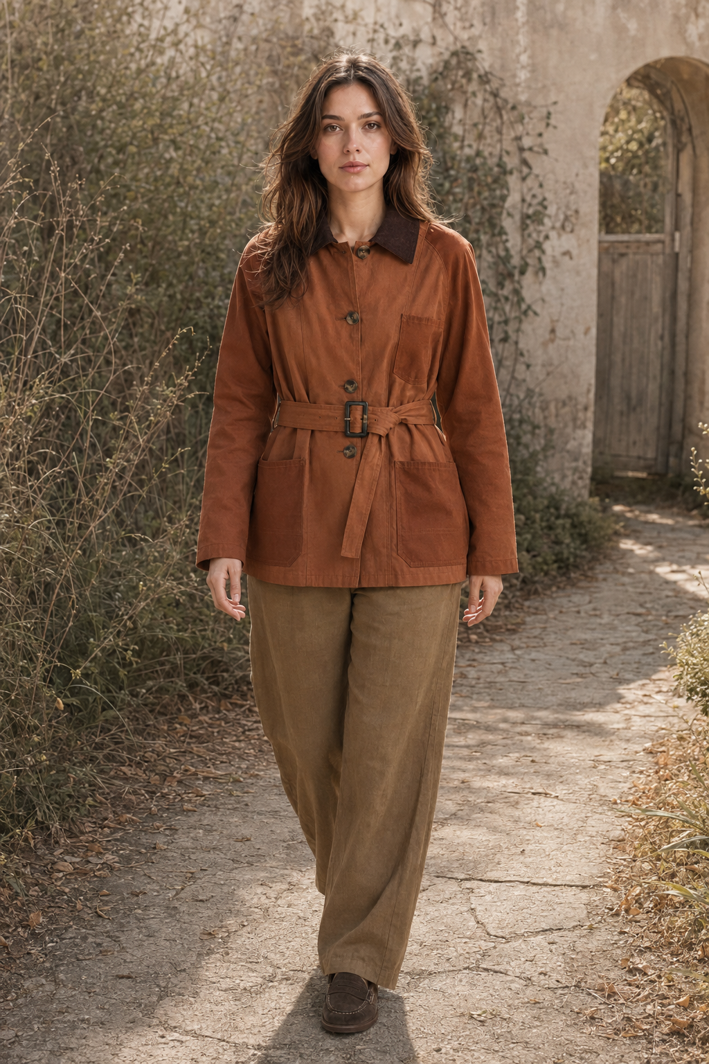 Full-body editorial photograph of Sophia in a terracotta Scalpers waxed jacket with safari-khaki Madewell linen pants and chocolate-suede Børn loafers