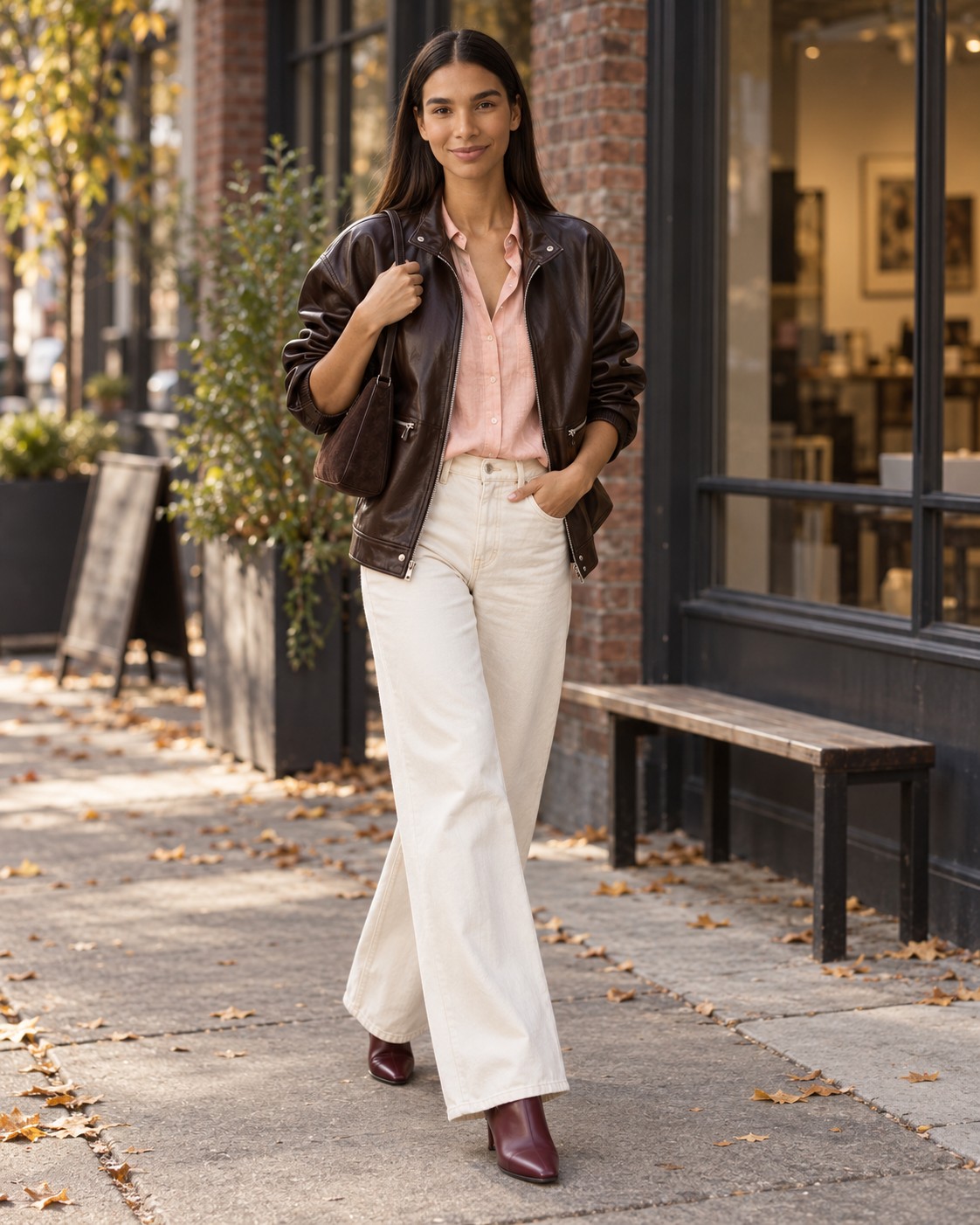 Maya — A cocoa bomber gives light salmon and cream denim an autumn edge.
