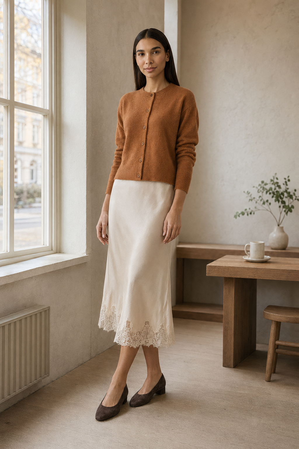 Full-body photograph of Maya wearing a Reformation Copper Clara cashmere cardigan, Almond Carolina silk lace-hem skirt and Massimo Dutti brown suede low heels
