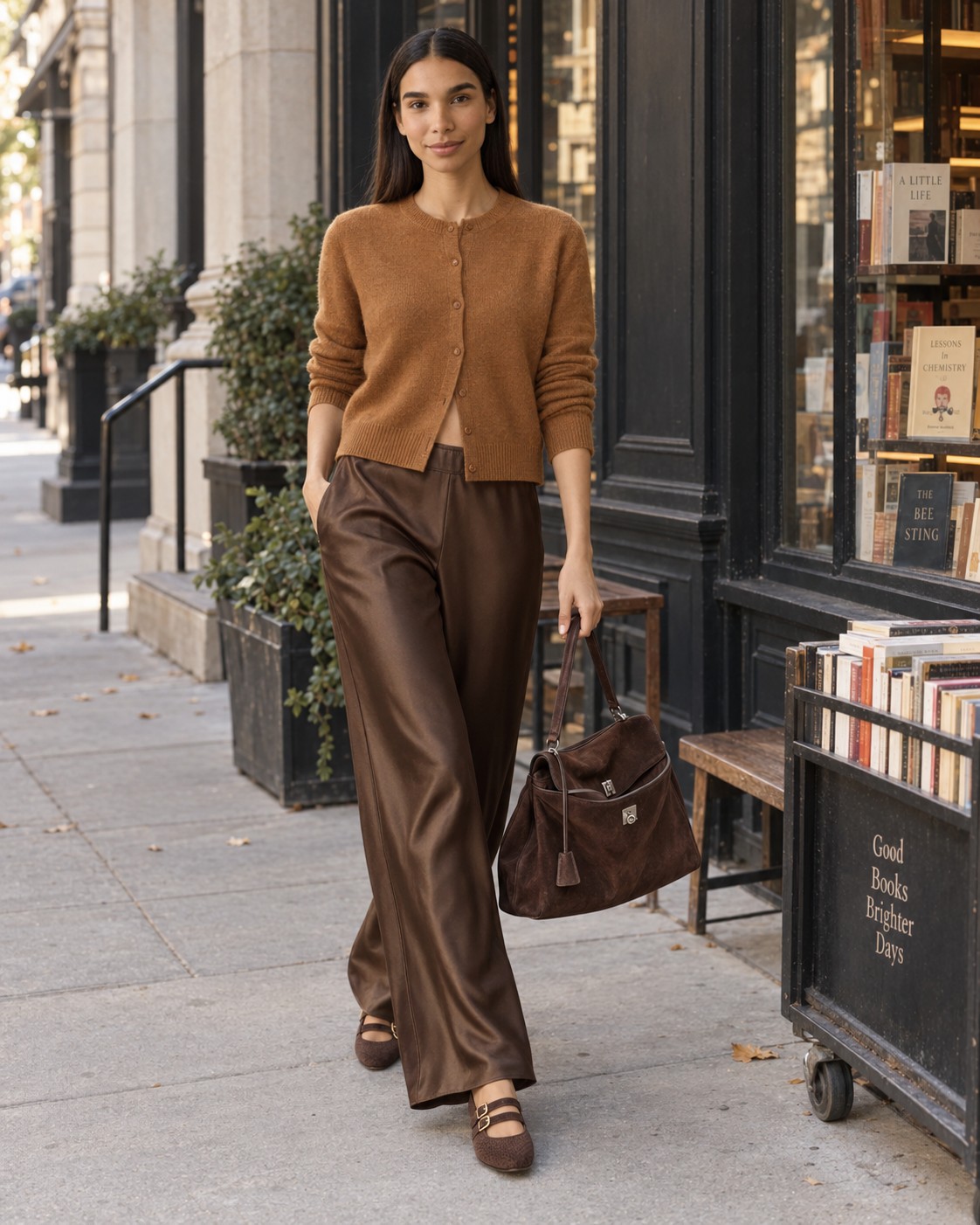 Maya wearing a Copper cashmere Reformation Clara cardigan, chocolate Pinecone Gale satin trousers, brown suede Balenciaga Rodeo and buckled flats