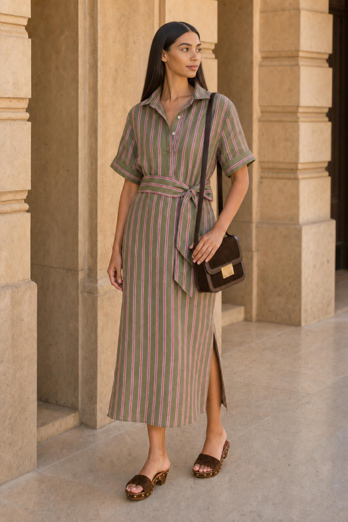 Full-body editorial photograph of straight-haired Maya in Tuckernuck's olive-and-raspberry striped linen Milano dress with a tmoro suede Loeffler Randall crossbody and chocolate suede studded clogs