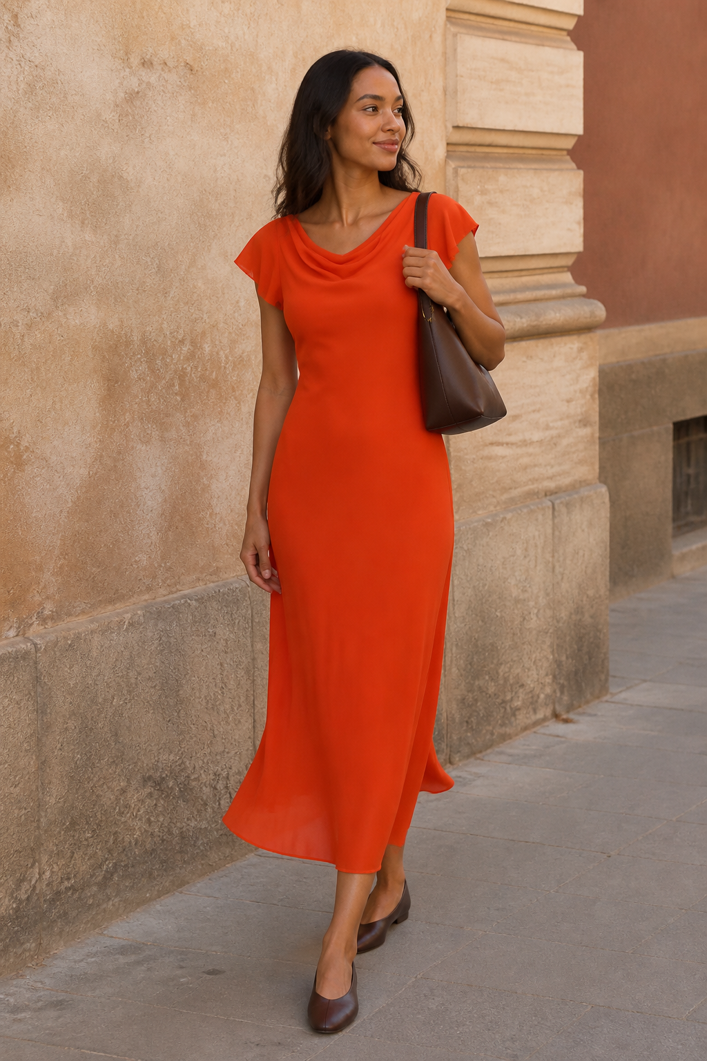 Maya wearing the Paprika Reformation Crosby cowl-neck midi dress, a maple Coach Brooklyn Shoulder Bag 28 and dark-chocolate Reformation Blaine flats