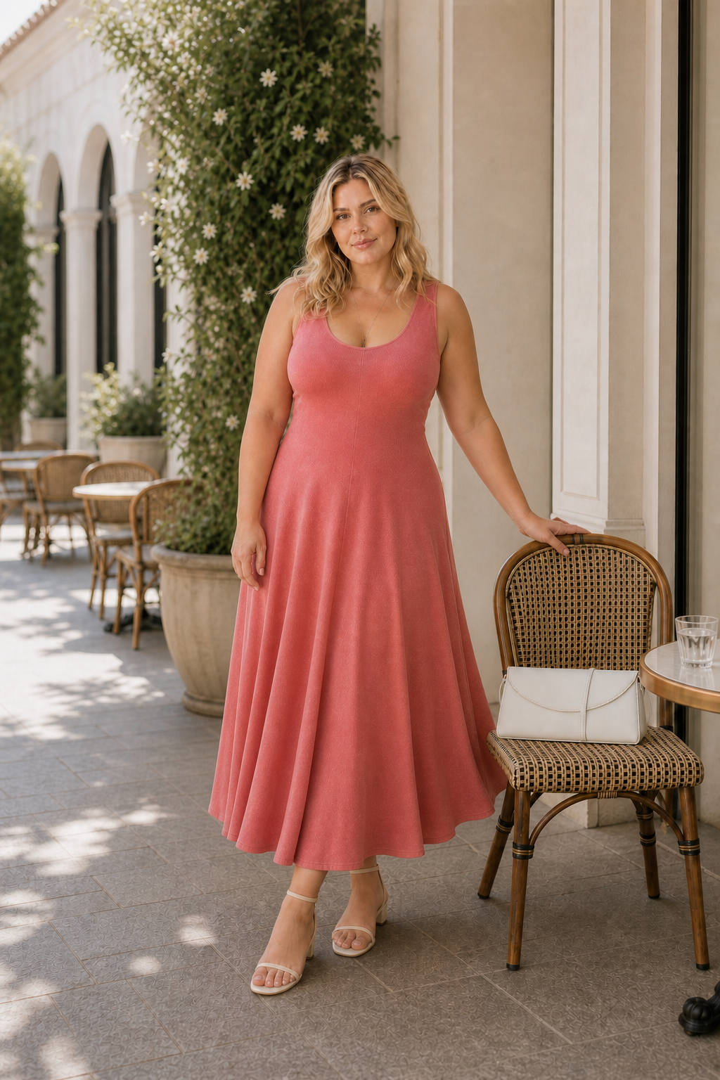 Emma wearing the coral Reformation Campbell knit midi dress and almond Alice low-heeled sandals beside a white Elena shoulder bag resting on a café chair