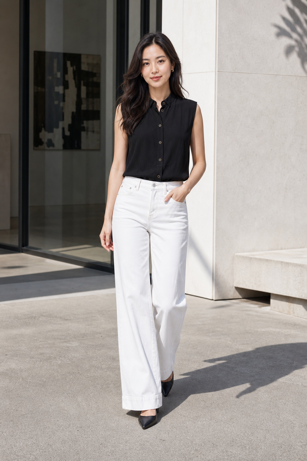 Full-body editorial photograph of Hana wearing the black J.Crew Jules sleeveless tuxedo top with pointed collar and gold-rimmed buttons, paired with optic-white J.Crew wide-leg denim trousers