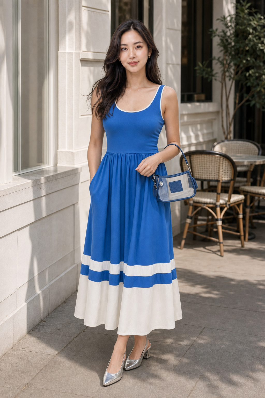 Full-body editorial photograph of Hana in a cobalt-blue sleeveless Mitchell midi dress with crisp white hem bands, a clear True Blue Coach bag and silver slingback pumps