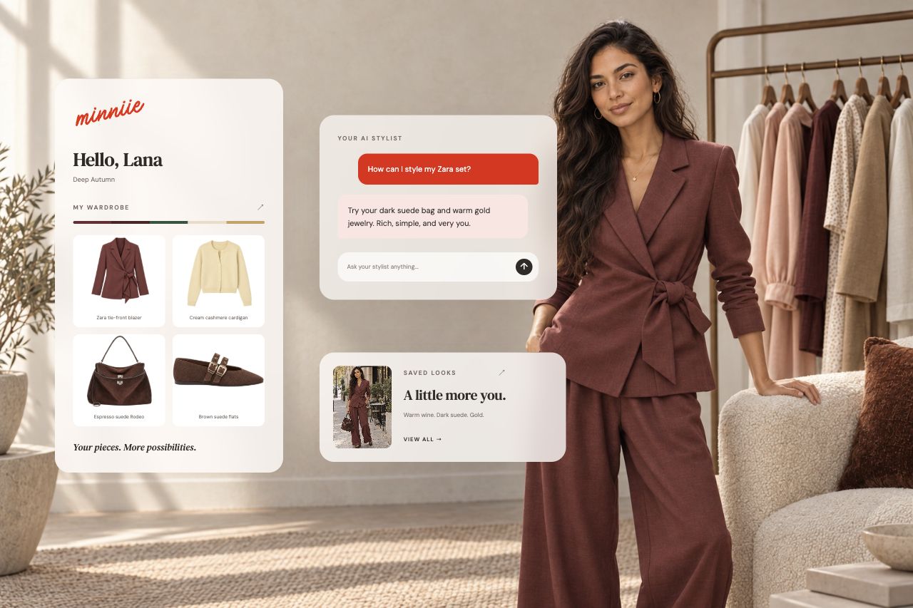 Lana in a warm wine-colored Zara set beside minniie wardrobe pieces, a styling conversation and her saved look